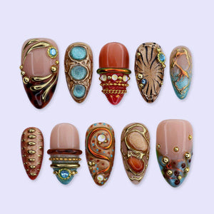 Maximal Press On Nails With Turquoise Stone, Tortoiseshell & Gold Details | Medium Almond Fake Nails | Handmade Nail Art for Vacation, Party
