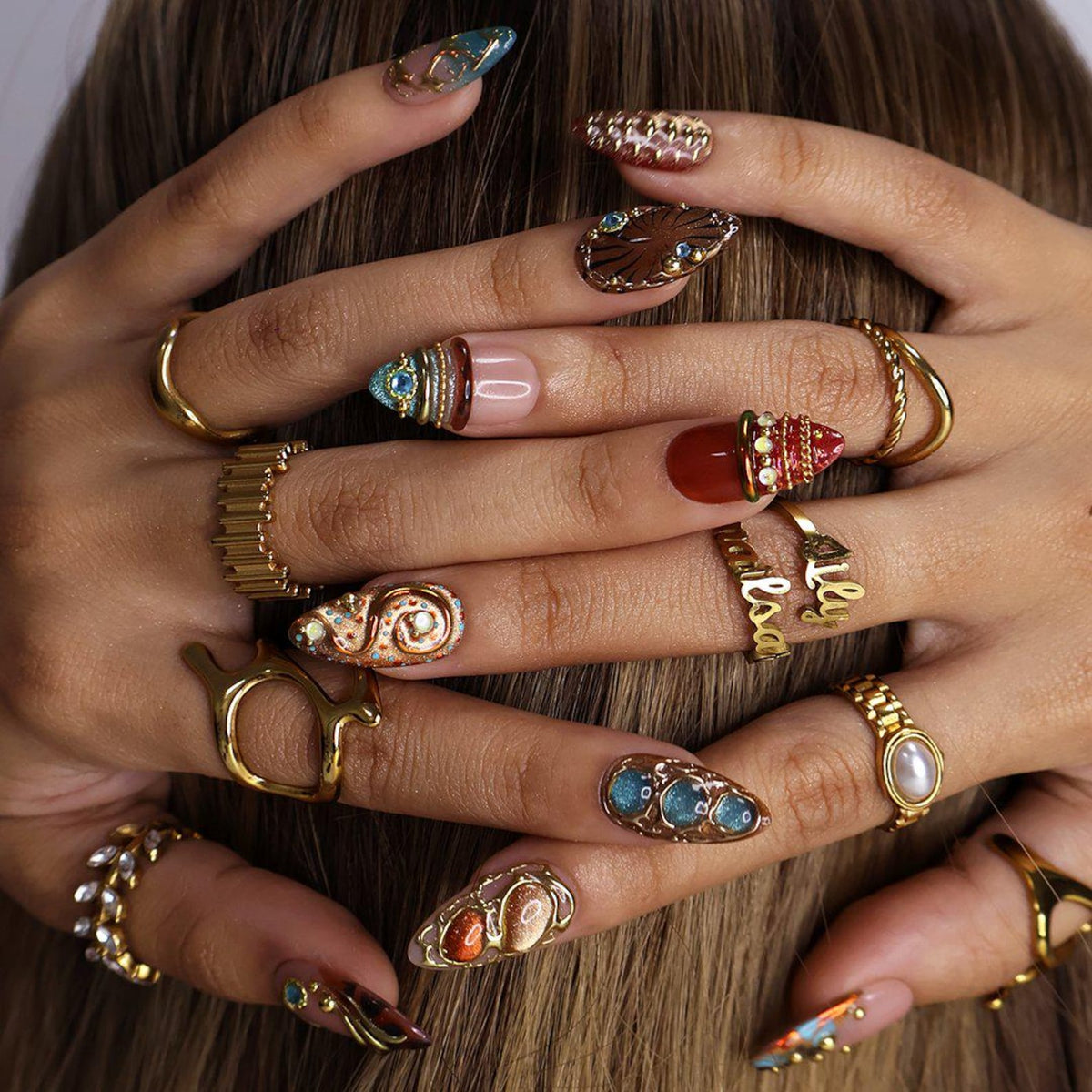 Maximal Press On Nails With Turquoise Stone, Tortoiseshell & Gold Details | Medium Almond Fake Nails | Handmade Nail Art for Vacation, Party