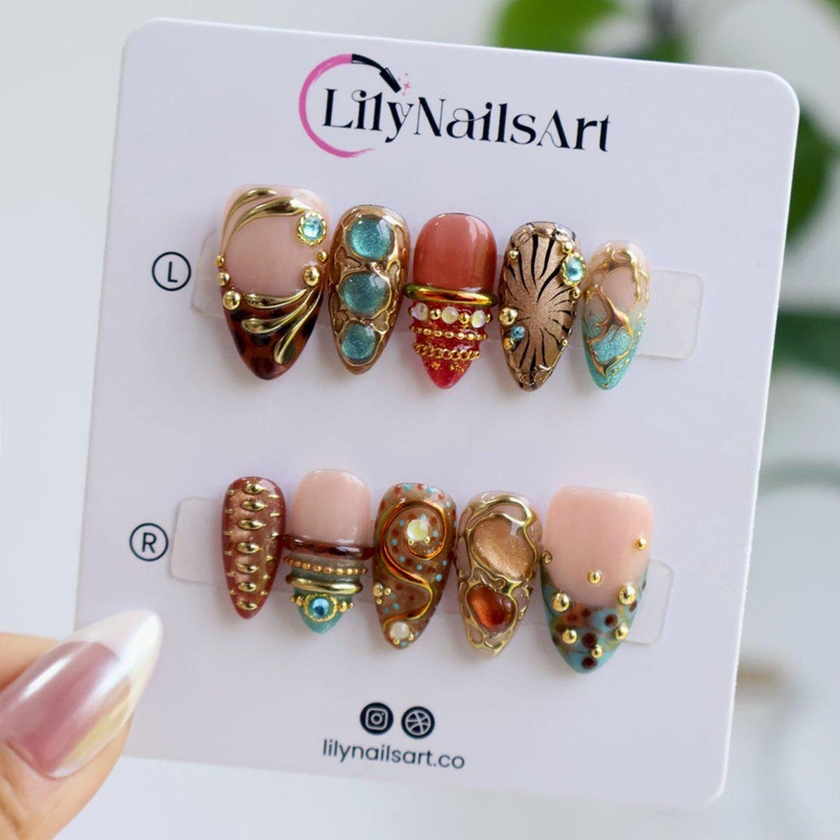 Maximal Press On Nails With Turquoise Stone, Tortoiseshell & Gold Details | Medium Almond Fake Nails | Handmade Nail Art for Vacation, Party
