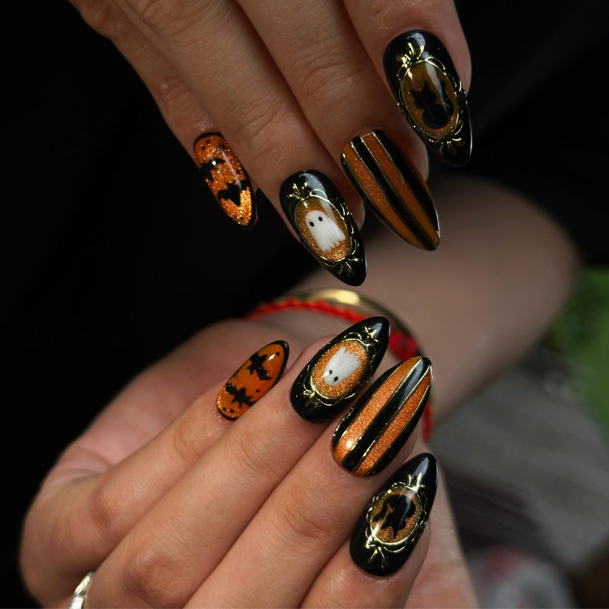 Halloween Press On Nails with Cute Ghost | Black Orange Bat Nail Art | Handmade Spooky Nails for Halloween Party