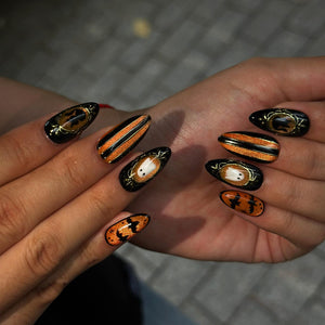 Halloween Press On Nails with Cute Ghost | Black Orange Bat Nail Art | Handmade Spooky Nails for Halloween Party