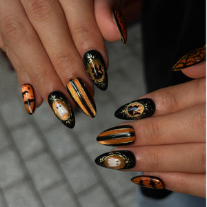 Halloween Press On Nails with Cute Ghost | Black Orange Bat Nail Art | Handmade Spooky Nails for Halloween Party