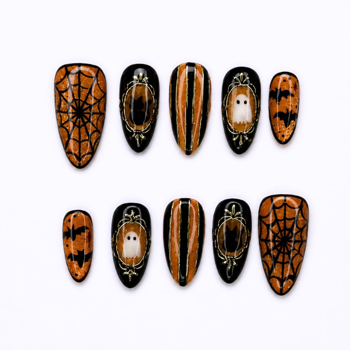 Halloween Press On Nails with Cute Ghost | Black Orange Bat Nail Art | Handmade Spooky Nails for Halloween Party
