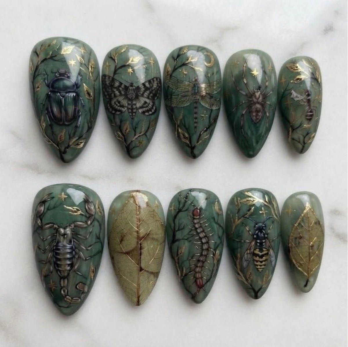 A set of ten almond-shaped press-on nails in a sage green base color. Each nail features detailed illustrations of insects like a beetle, moth, dragonfly, spider, scorpion, centipede, and wasp, alongside gold leaf accents and foliage.