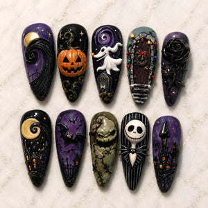 A set of ten almond-shaped press-on nails featuring detailed 3D designs inspired by The Nightmare Before Christmas, including a jack-o'-lantern, Zero the ghost, a black rose, Oogie Boogie, Jack Skellington, and spooky houses.