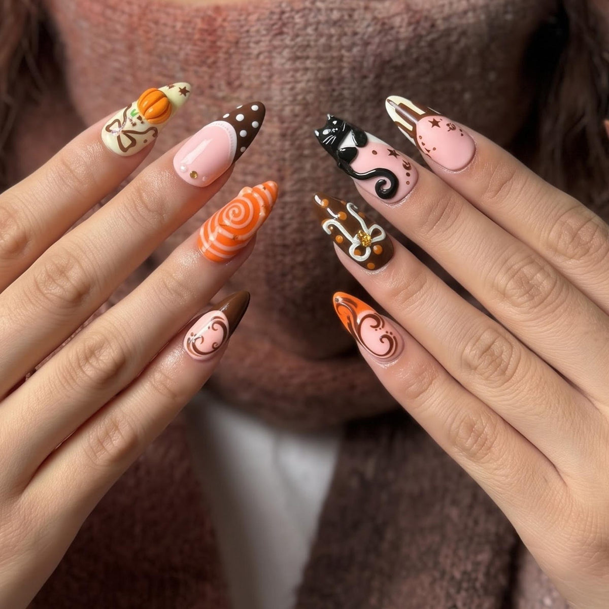 Handmade autumn press on nails with black cat, orange pumpkin, fall leaf and swirl designs in blush pink, brown, black and orange almond shapes.