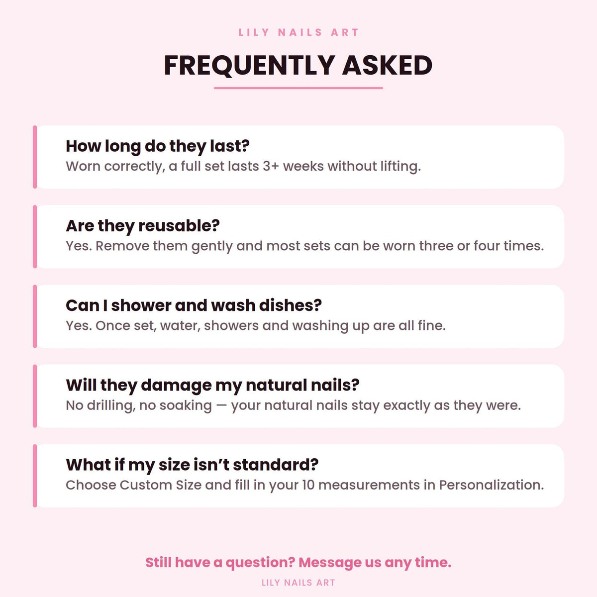A light pink informational graphic titled LILY NAILS ART FREQUENTLY ASKED. It lists five questions and answers regarding nail longevity, reusability, water resistance, natural nail safety, and custom sizing options for nail products.