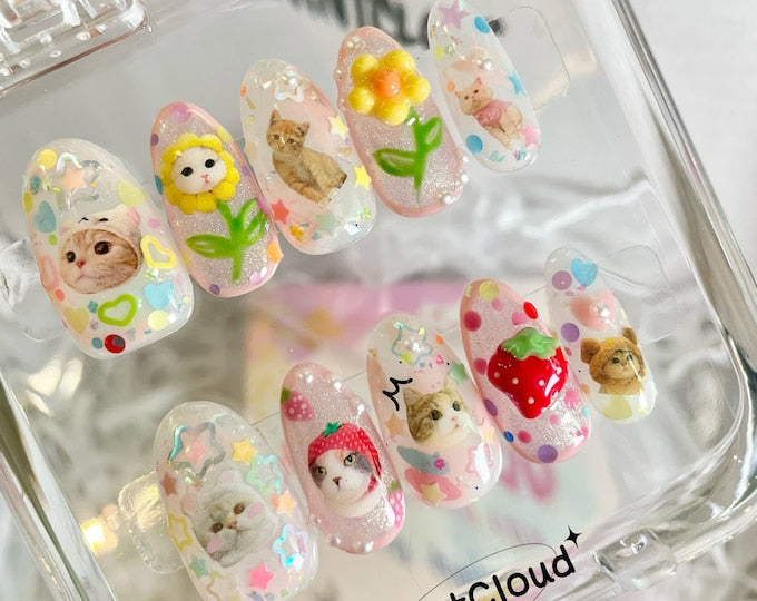 168 "Crazy Cats" Press on Nails: Cute, Kawaii, Kitty, Strawberry, Y2K, Custom Hand-painted Nails