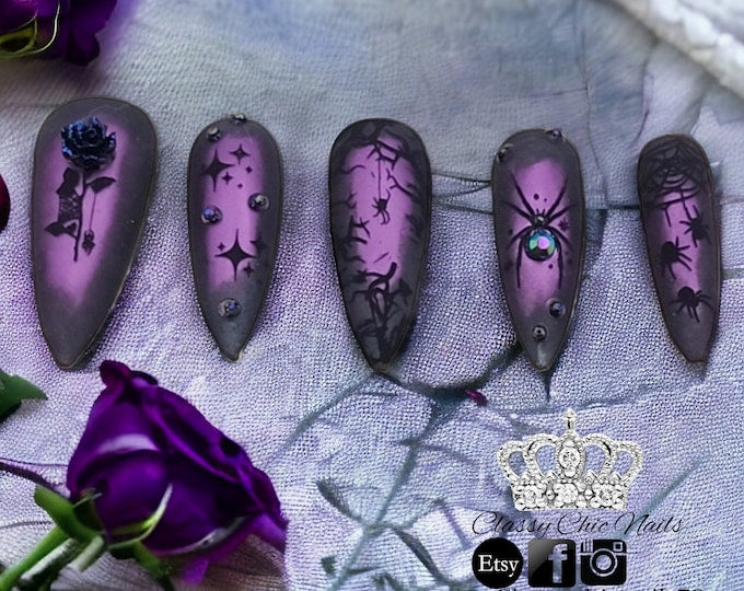 Halloween, Purple Spider, 3D Rose, Matte, Rhinestones, press on nails