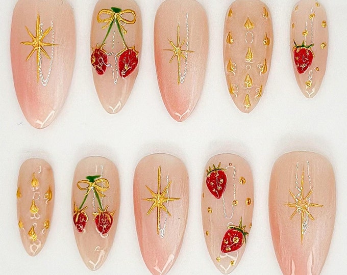 Custom Strawberry Press-On Nails with Gold Accents | Perfect for Special Occasions | Handcrafted False Nails | High-End Nail Art | JC510HC