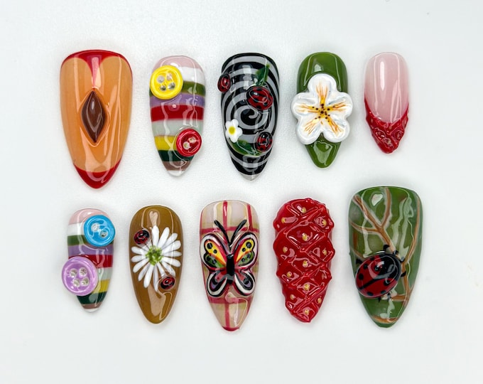 Whimsical Garden Themed Press On Nails | Cottagecore Strawberry & Button Nail Art | Vintage 3D Ladybug Nails | Forestcore Press Ons |JB824HC