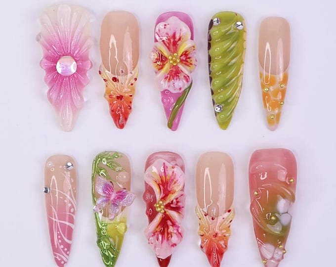 Serect Garden Long Almond Press On Nail, Trending 3d Flower Design Nail Art,Fake/Flase Nail for Birthday Holiday Vacation Nail