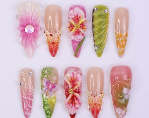 Serect Garden Long Almond Press On Nail, Trending 3d Flower Design Nail Art,Fake/Flase Nail for Birthday Holiday Vacation Nail