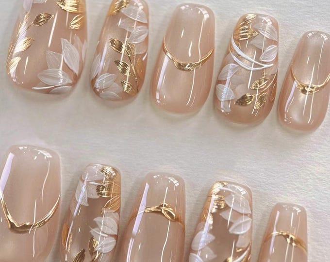 Cat Eye Flower Press On Nails: Hand Painted Faux Acrylic Gel Nails