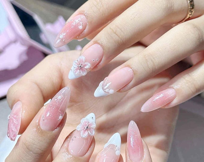 3D Flower FreeStyle Medium Almond Press On Nails, Pink ombre nail / French nail