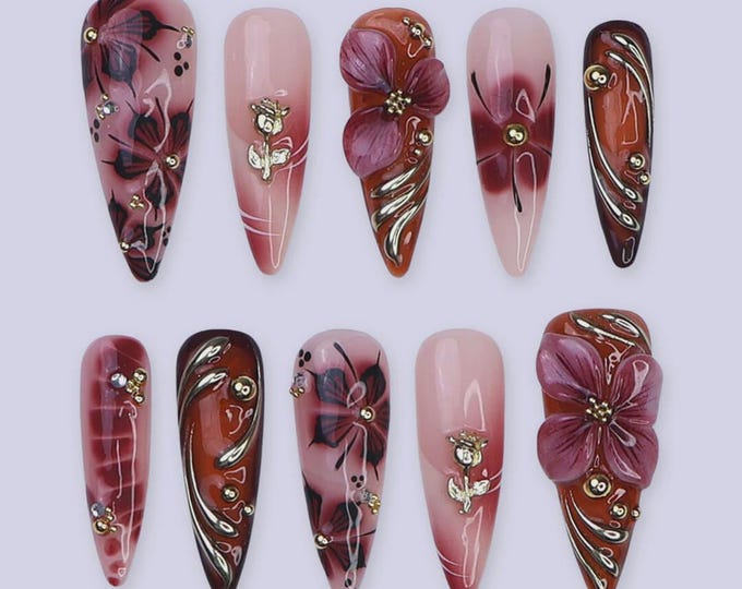 Autumn Press On Nails with 3D Floral Burgundy & Gold Line | Fake Nails in Long Almond | Handmade Nail Art for Fall Looks, Parties Or Gifts