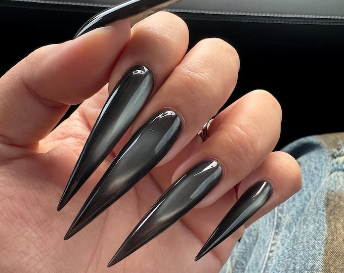 Black Pearl Long Stiletto Press On Nails Glossy Cat Eye Glitter Goth Gel Pointy Nails