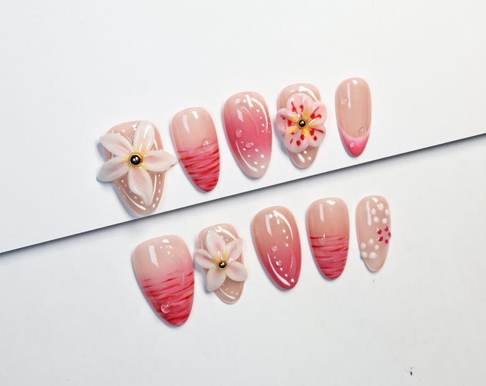 3D Floral Press On Nails: Luxury Jelly Almond Y2K Style