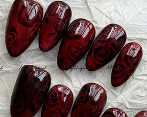 Velvet Rose Press-On Nails, Deep Red Glossy Nails with Embedded Black Floral Art, Cat Eye Handmade Romantic Nail Set, MO760