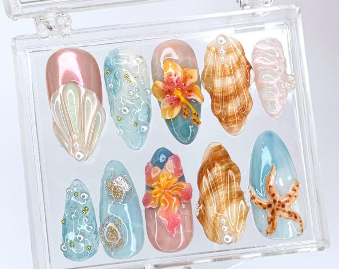 Tropical Beach 3D Press On Nails, Hibiscus Floral Almond, Ocean Blue Gel