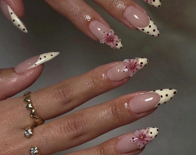 polka dot French 3d flower Press On Nails: Handmade custom Nails