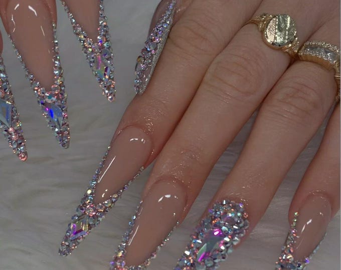 Handmade Luxury XL Long Stiletto Press On Nails | Crystal V-Cut French Tip & Full Rhinestone Bling | Glamour Birthday and Event Nail Art