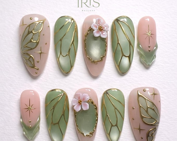 Fairy Garden Press On Nails | Gold Chrome, 3D Floral and Butterfly Design