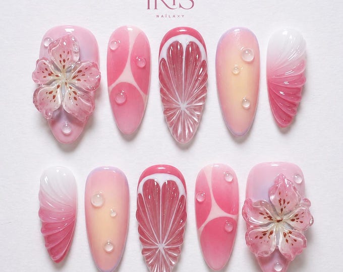 3D Summer Floral Press On Nails | Pink Flower Citrus Nails | Waterdrop Jelly Nail Set | Cute Handmade Press Ons