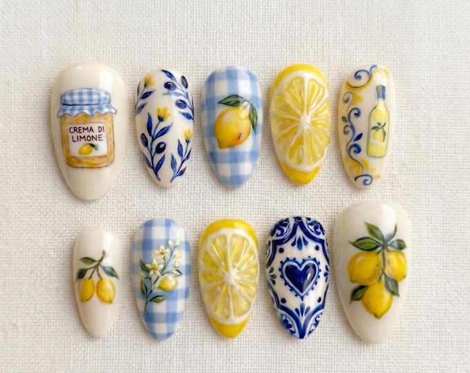 Amalfi Lemon Press On Nails, Mediterranean Blue Tile Nails, Italian Summer Gingham Nails, Coastal Citrus Nails, Handmade Gel Nails