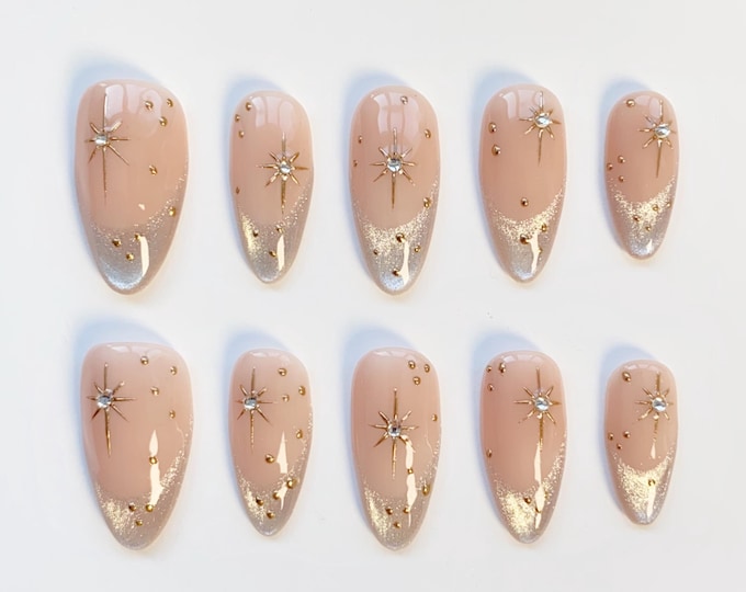 Glitter French cat eye nails/press on nails long almond nails/Silver Chrome nails/Star Nails/Silver nails/Elegant nails/Birthday nails