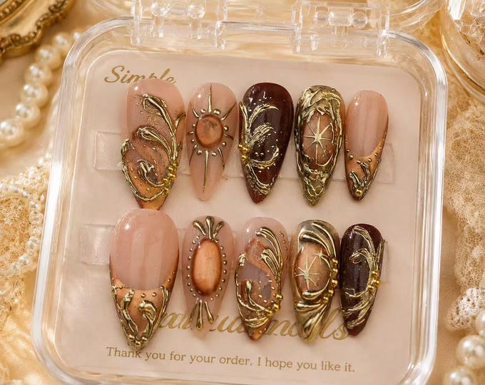 Cat Eye  Gemstone Press On Nails, Gold Charm Designer  Nails,Emerald Inspired Nail Set