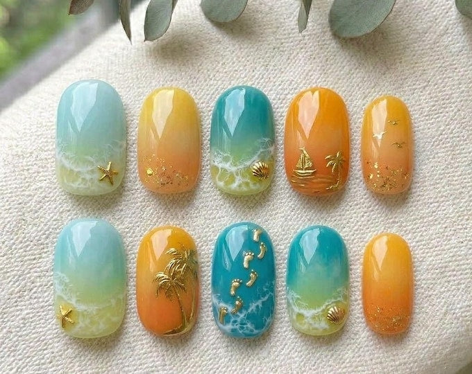 Summer Ocean Waves Press On Nails | Beach Resort Sunset Fake Nails | Cute Short Round Short Oval Gel Nails | Tropical Glue On False Nails