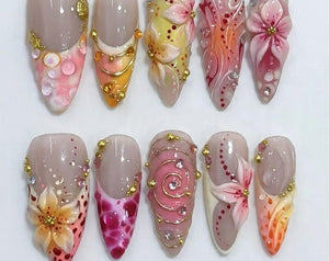 3D Tropical Floral Press On Nails, Pink Orange Sunset Fake Nails, Beach Resort Cruise Manicure, Maximalist Summer | MAISONCHIEE
