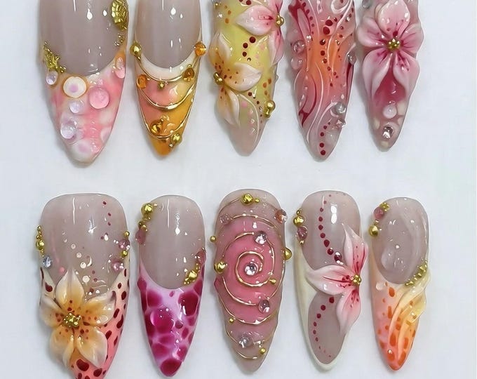 3D Tropical Floral Press On Nails, Pink Orange Sunset Fake Nails, Beach Resort Cruise Manicure, Maximalist Summer | MAISONCHIEE