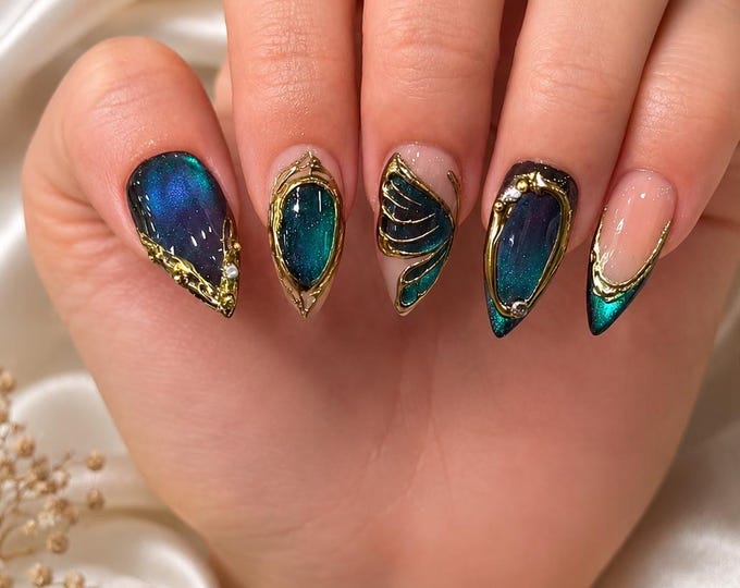 Handmade Cat-Eye Press On Nails, Universe Art Set/Gift For Her