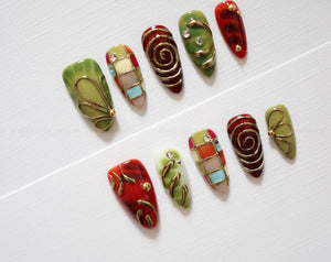 Stained Glass Floral Press On Nails | Red and Olive Green Nails, Gold Swirls, Rhinestone Accents, Handmade Vintage Nail Set
