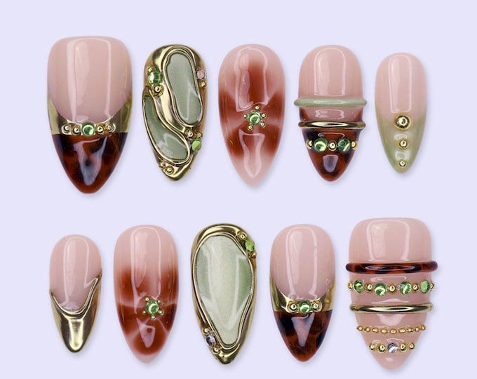 Fall Olive Green Tortoiseshell Press-On Nails, Medium Almond Gold Chrome French Tips