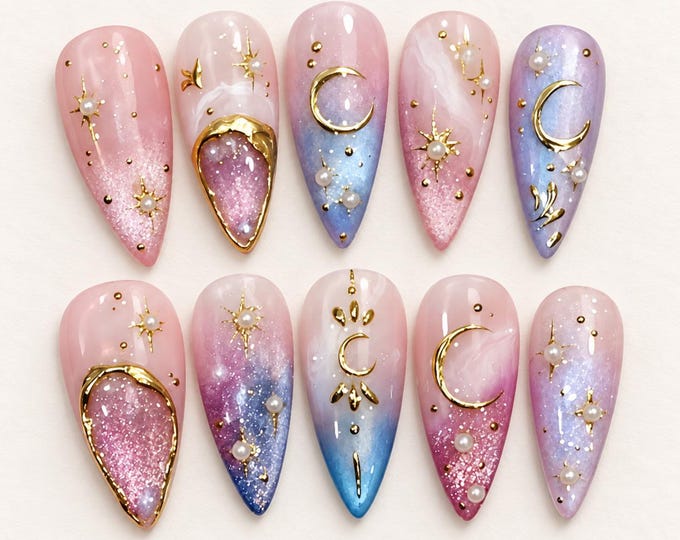 Celestial Press On Nails, Pink Blue Ombre Nails, Moon Star Pearl Nail Set, 3D Gemstone Almond Nails, Handmade Fake Nails, Gift for Her