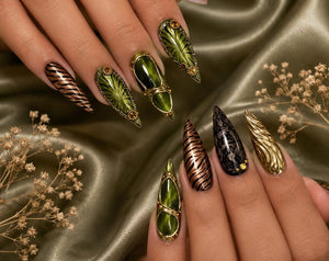 Olive Green Cat Eye Press-On Nails, Gold 3D Animal Print Stiletto (Handmade)