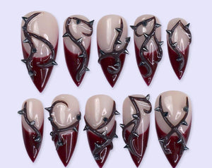 Halloween Red Press On Nails with 3D Thorn & French Tip | Medium Stiletto Fake Nail | Handmade Gothic Nail For Horror Cosplay, Spooky Season