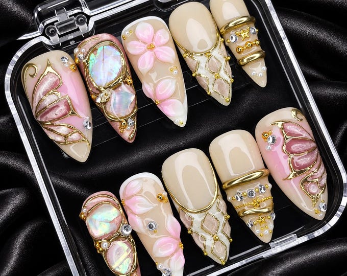 3D Floral Press On Nails, Pink Gold Stiletto Nails, Luxury Bridal Nails, Iridescent Gemstone Nail Art, Handmade Wedding Nails
