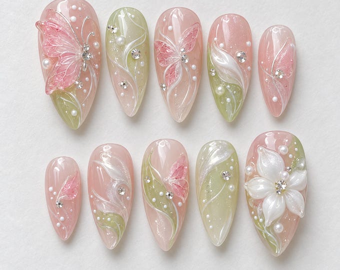 Pink Press On Nails, 3D Butterfly Wings, Sage Green Floral Swirls, Pearl Rhinestones, Long Stiletto Fairy Nails