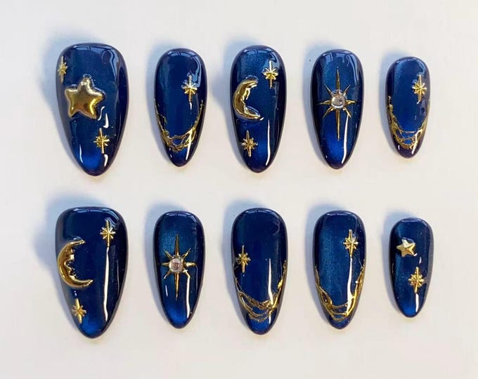 Y2K Nails/3D Star Nails/3D Blue Moon Nails/Gold Chrome Nails/Navy Blue Press on Nails Long Almond Nails/Cat Eye Nails/Custom Nails