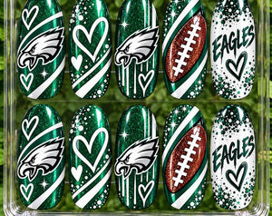 Philadelphia Eagles Inspired Press On Nails, Football Game Day Nails, Green White Nail Set, Custom Sports Fan Nails, Football Mom Gift