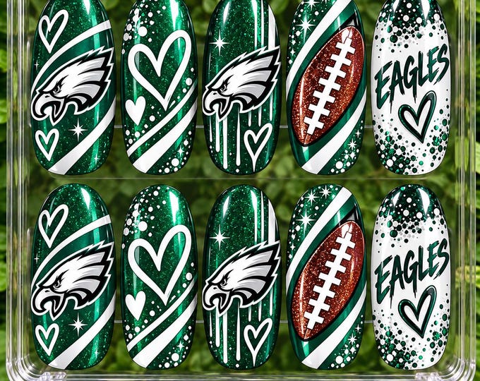 Philadelphia Eagles Inspired Press On Nails, Football Game Day Nails, Green White Nail Set, Custom Sports Fan Nails, Football Mom Gift