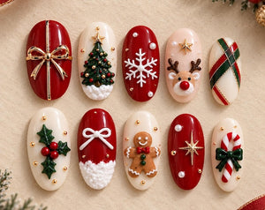 Handmade Christmas Press On Nails, 3D Gingerbread & Red Green Candy Cane with Reindeer False Nail Design, Festive Gift for Her