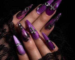 Victorian Gothic Purple Press On Nails with Black Lace | Silver Cross and Pearl Charms | Extra Long Stiletto Alternative Nail Art | HC1482UC