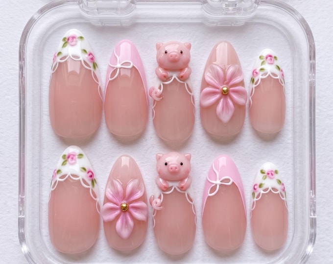 Cute Pink Pig Press On Nails, 3D Floral Nails, Pink Rose Nail, Gift for Pig Lover, Christmas Nails, Birthday Gift for Her, Elegant Nails