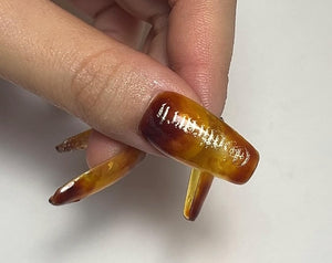 100% Handcrafted Amber Marble Press-On Nails - Yellow Brown
