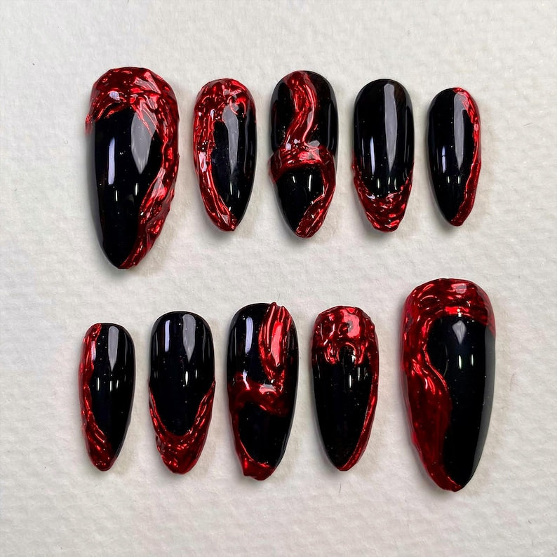 Black Red Gothic Punk Nail Art, Handmade Dark Aesthetic Design
